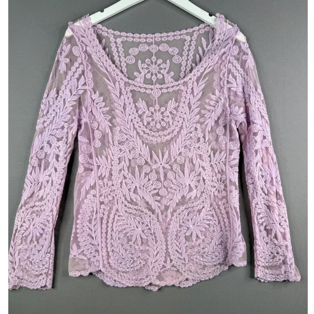 Lace Top Womens L Lavender Purple Sheer Floral Boho Long Sleeve Ethereal Fairy